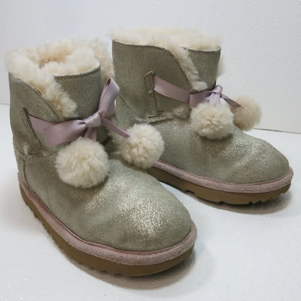 UGG Gita Metallic Pom-Pom Bow Boots Insulated Kids Footwear Childs Winter Boot 2